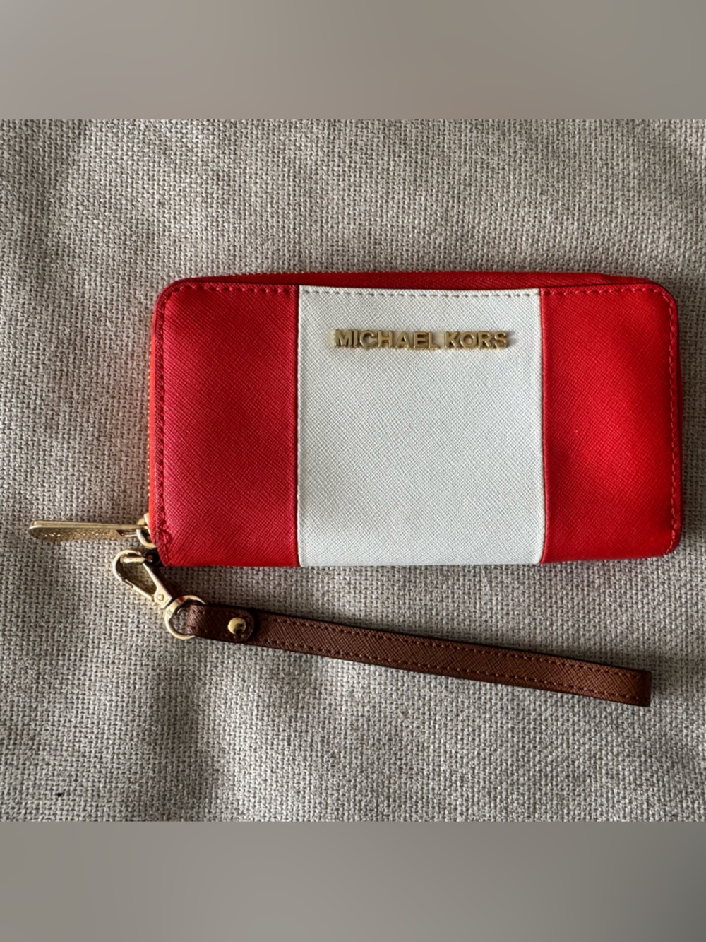 Michael Kors Red and White Zip Wristlet with Brown Strap